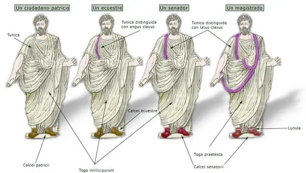 Diferencias notables entre la nobleza dada su vestimenta.  Cuatro hombres romanos vistiendo una toga.