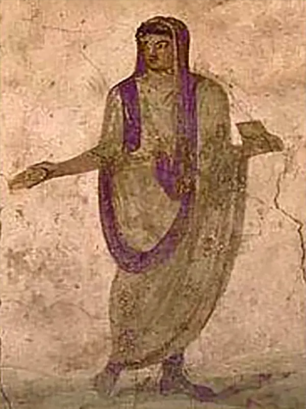 Fresco hallado en un lararium en Pompeya representando un hombre vistiendo una túnica laticlavia y una toga praetexta.