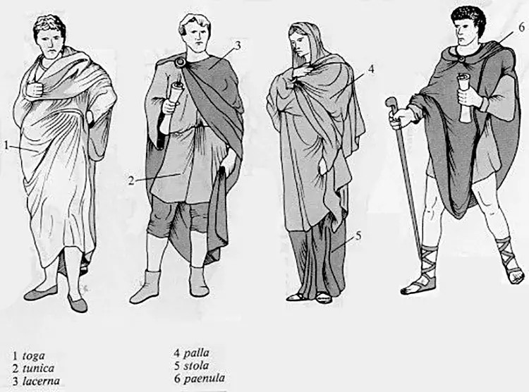 Toga, túnica, lacerna, palla, stola, paenula.