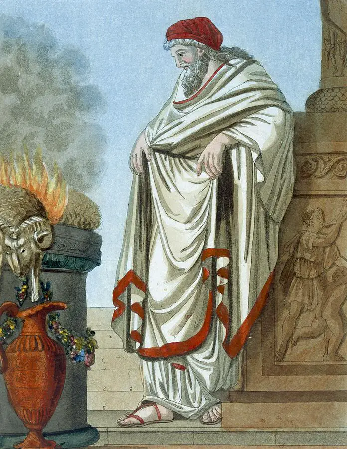 Ilustración de un pontifdex maximus realizando sus rituales.