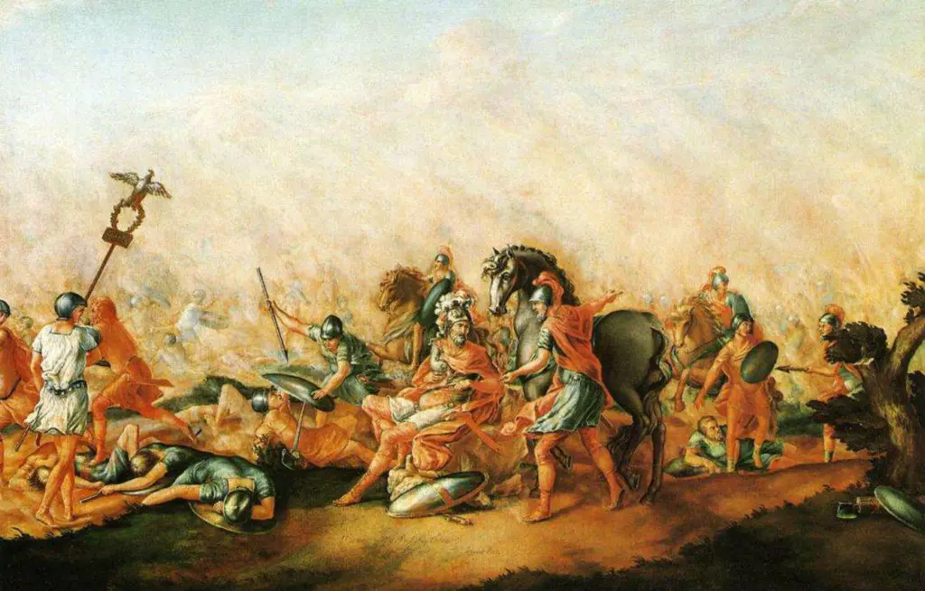 Escena de una batalla, en el medio se ve al cónsul romano Paulo agonizando.