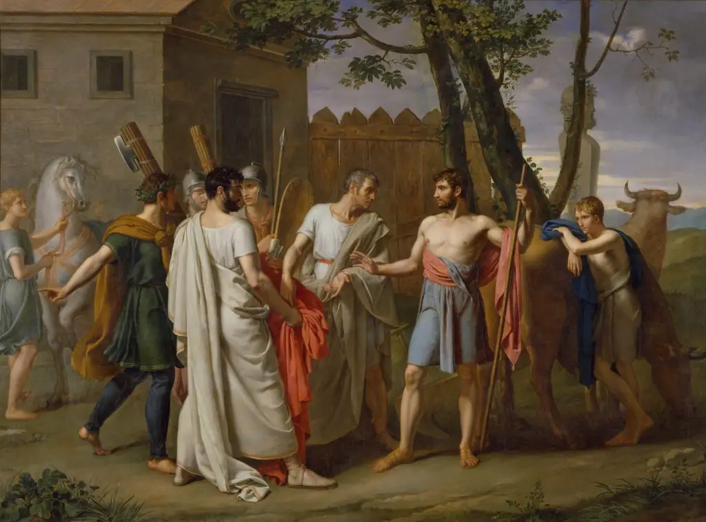 Senadores romanos le piden a Cincinato que se vuelva dictador. En el cuadro aparecen los hombres, toros y caballos.