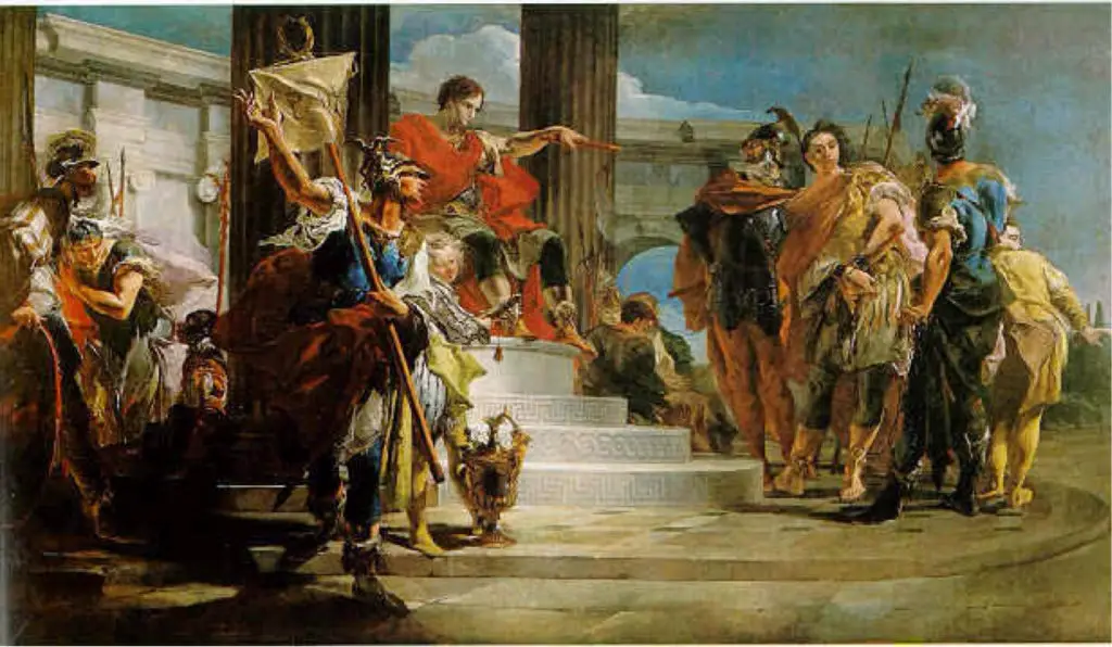 Grupo de personas escuchando las ordenes de un pretor romano.