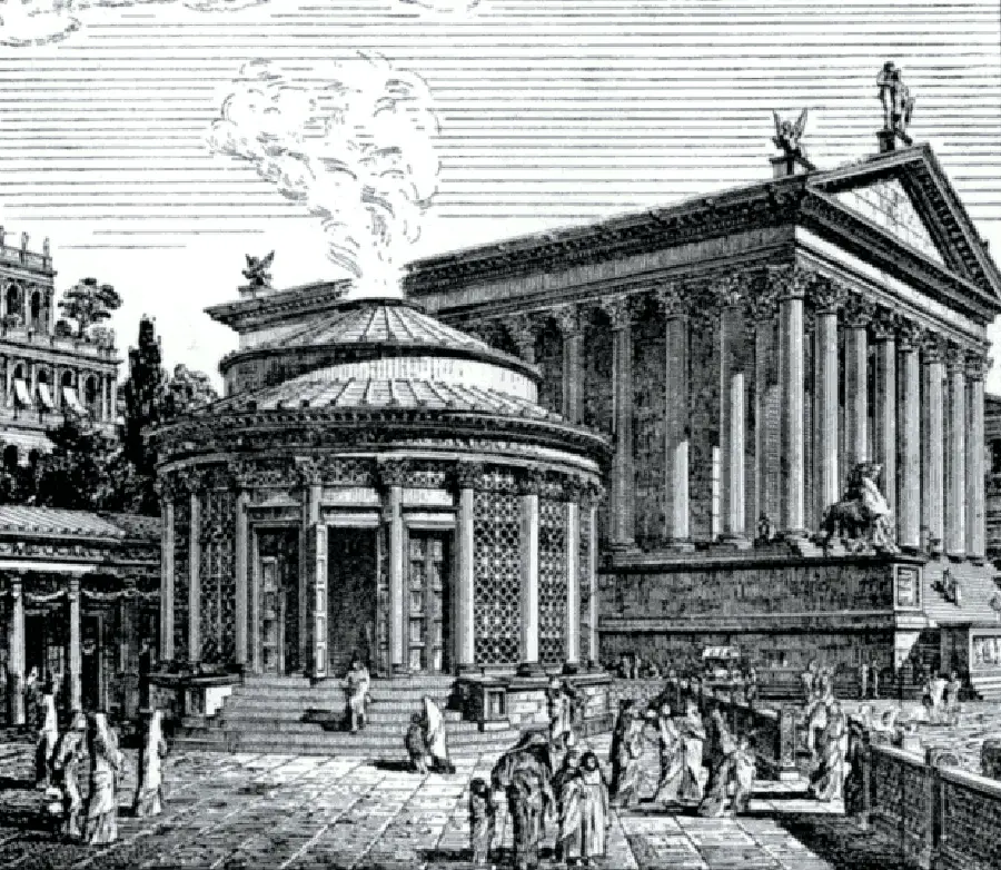 Ilustración de la ciudad de roma, se detalla el templo de las vestales.