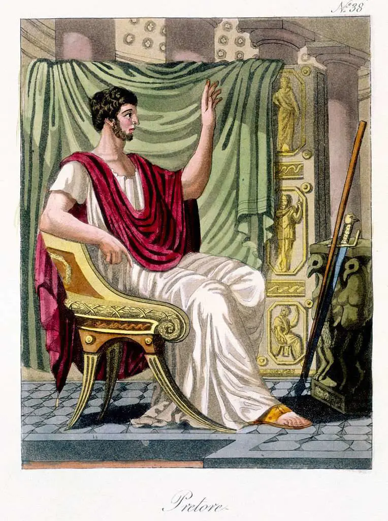 Ilustración de un pretor romano sentado en una silla.