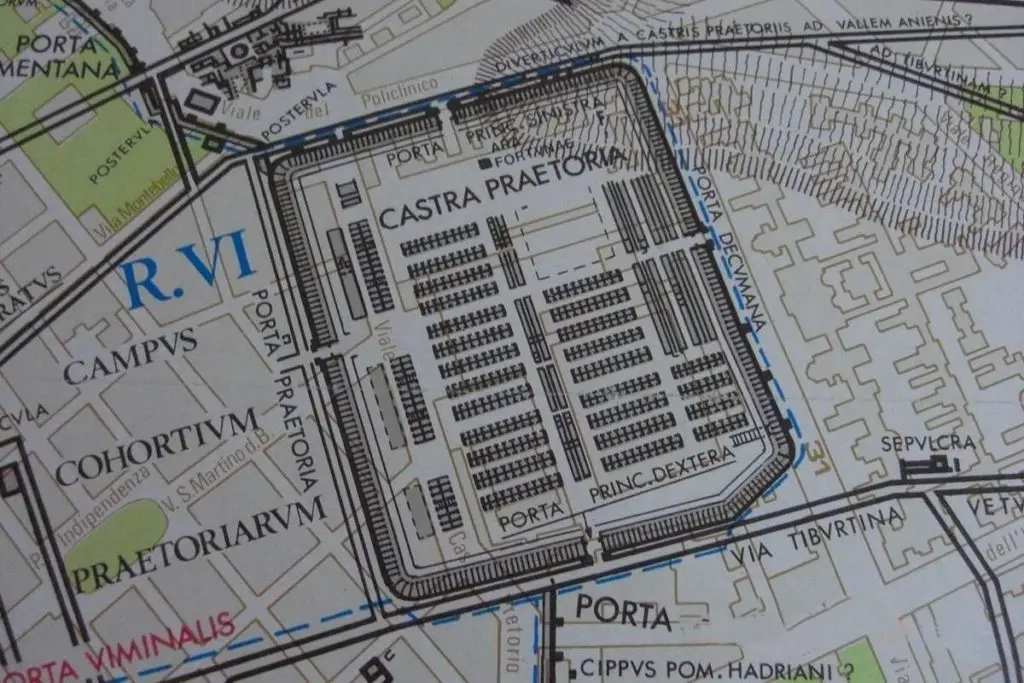 Imagen de un mapa de Roma mostrando la ubicaci´`on de la Castra Praetoria.