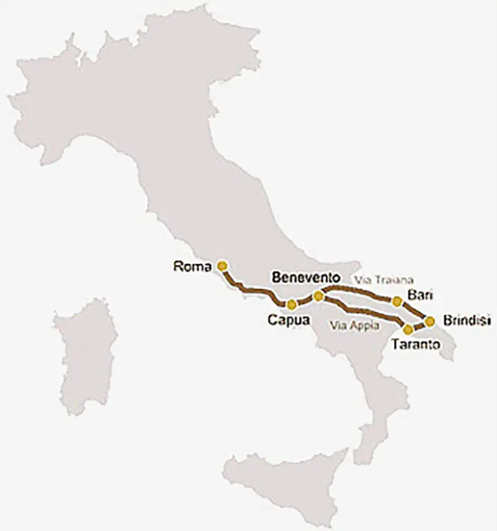 Infográfica mostrando el recorrido de la Via Apia.