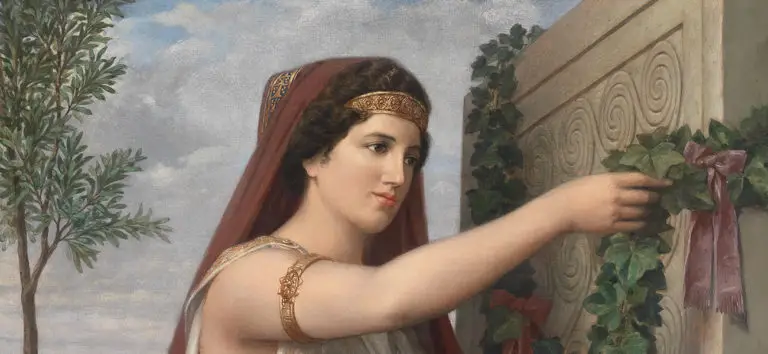 Pintura de una vírgen vestal colocando guirnaldas florales.