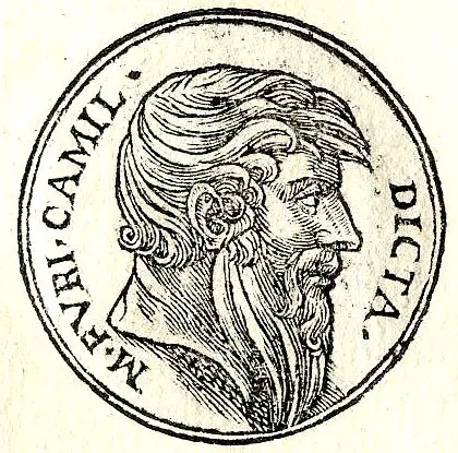 Ilustración de la cara de una moneda en honor a Marco Furio Camilo.