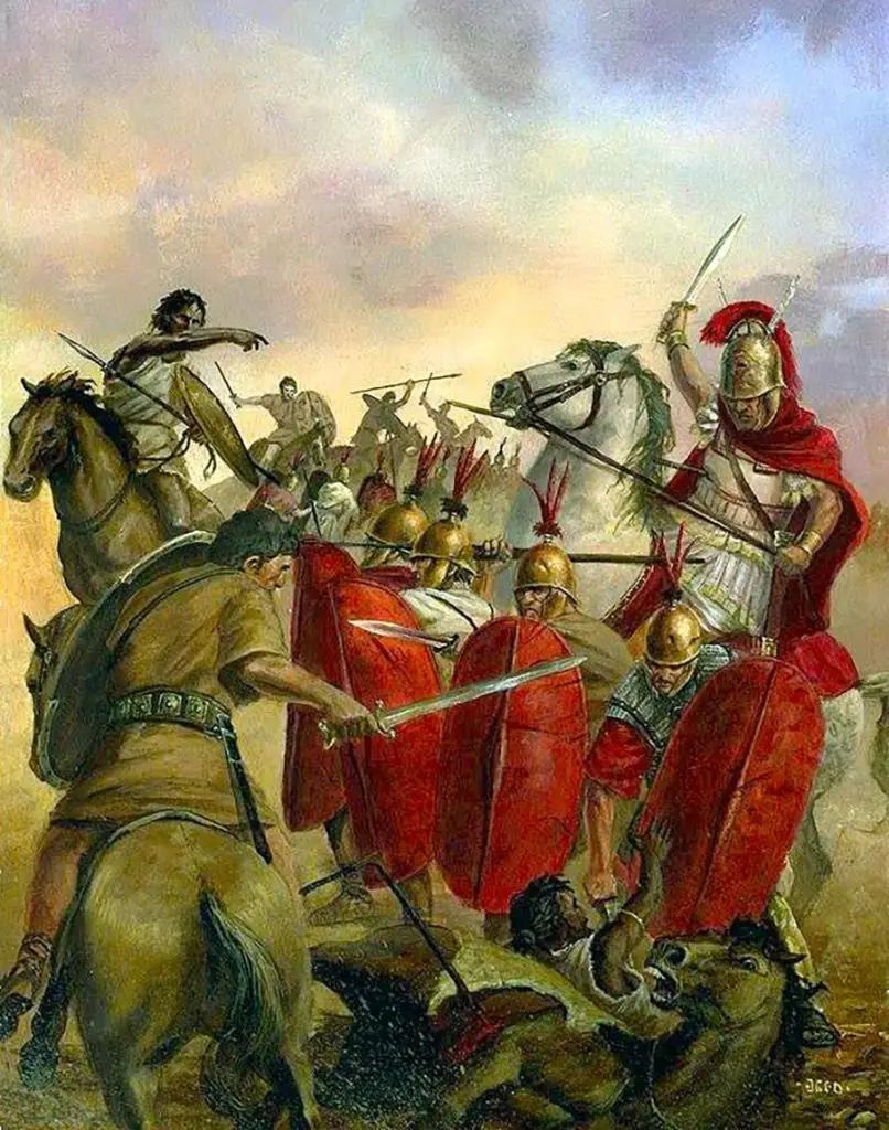 Ilustración de soldados romanos en guerra.
