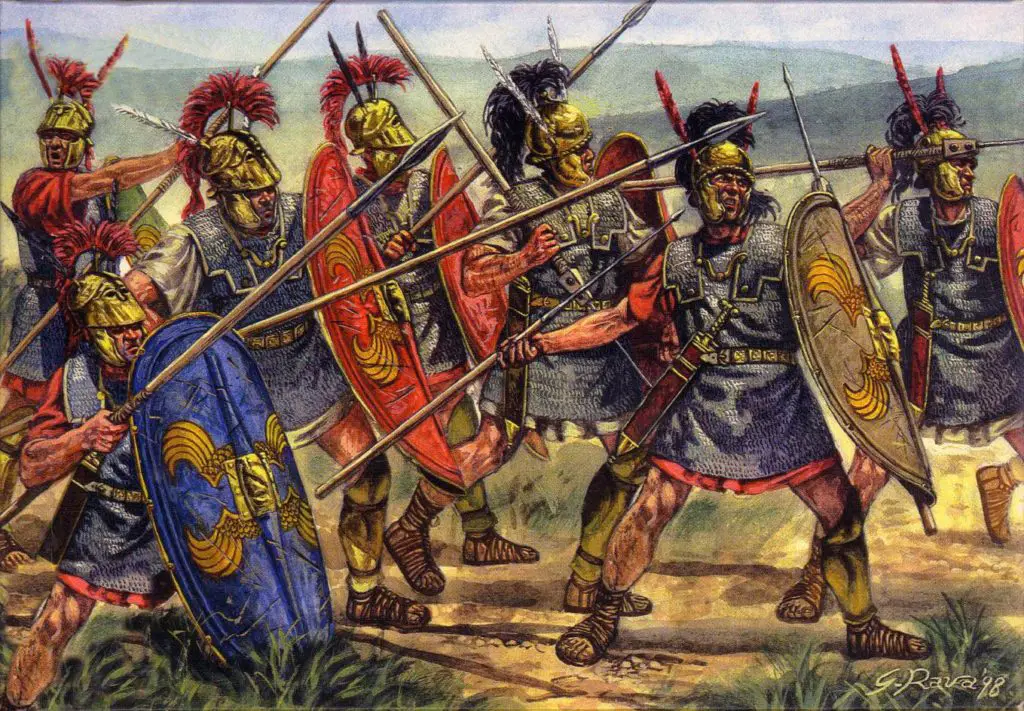 Ilustración mostrando a triarios y principes en combate, soldados de la República Romana. de soldados romanos en combate.