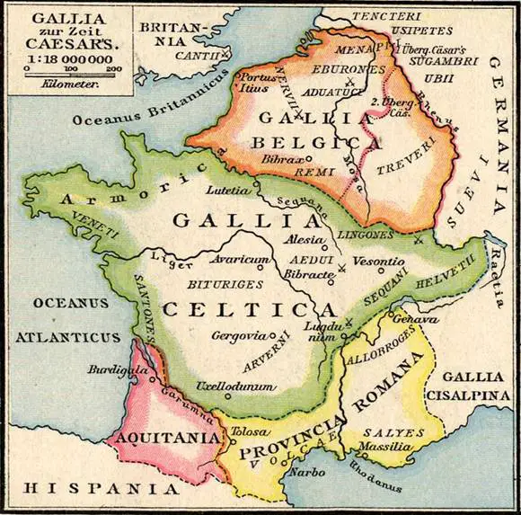 Mapa de la división de las Galias.
