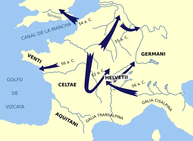 Mapa de movimientos y avances durante la Guerra de las galias.