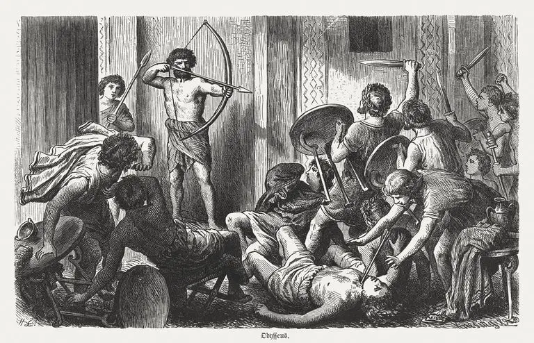 Ilustración de la venganza de Odiseo contra los pretendientes.