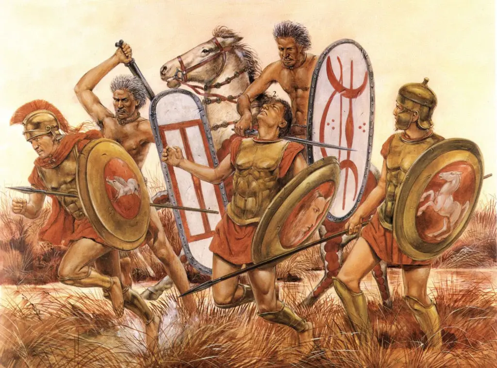Ilustración de una batalla romana contra los celtas.