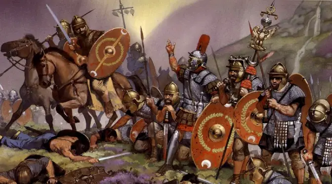 Ilustración de las tropas de César y su caballería germánica.