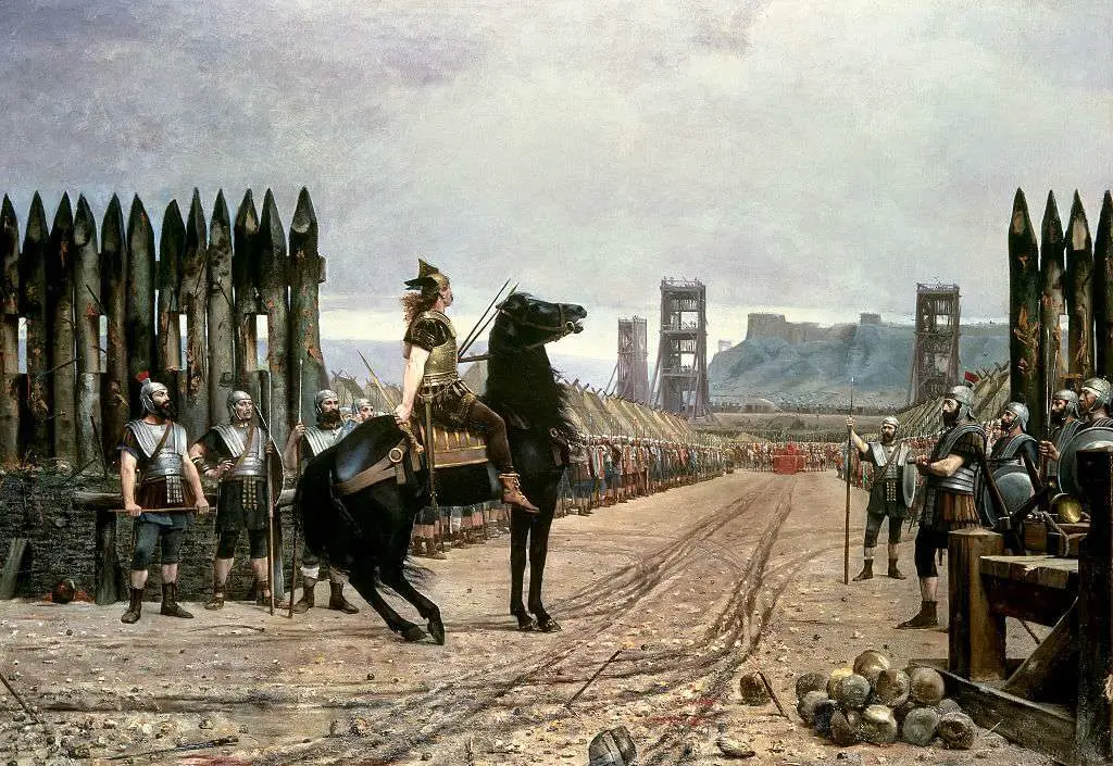 Pintura de Vercingétorix en su caballo a punto de rendirse ante César.
