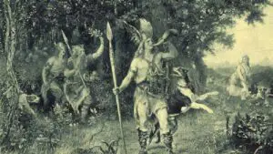 Idealización de un bárbaro sonando un cuerno antes de la cacería como los descritos en la Germania de Tácito.