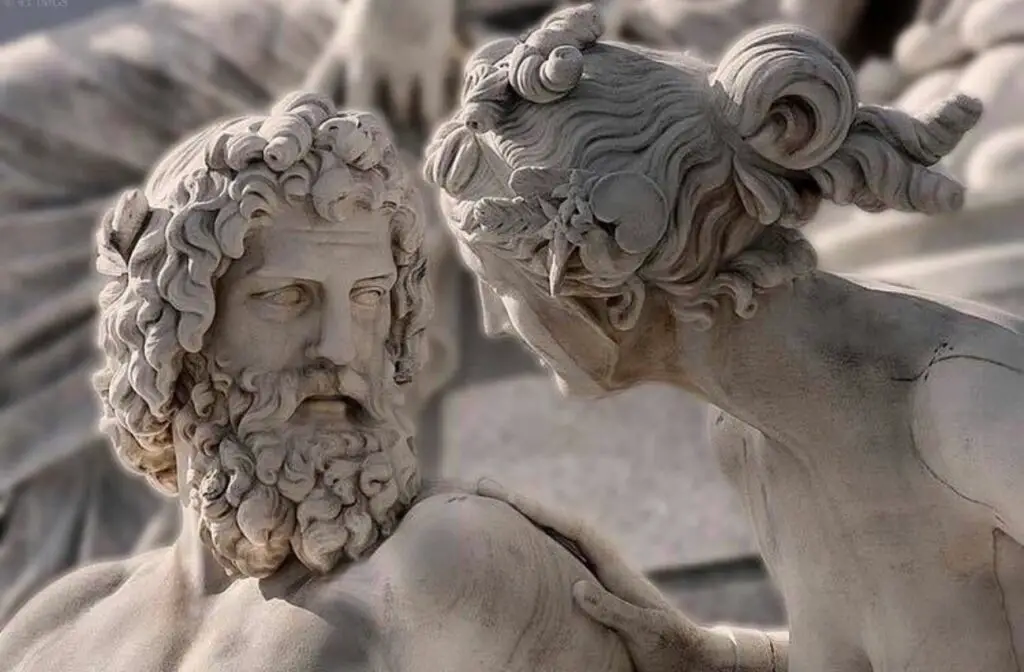 Detalle de una estatua moderna de Hera y Zeus o Juno y Júpiter. Los dioses griegos y los dioses romanos.