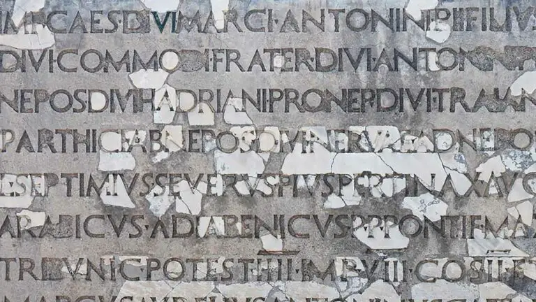 En esta placa dedicatoria a Septimo Severo y Caracalla vemos como se agregaban las abreviaciones, los títulos y logros a los nombres. Vemos su cognomen ex-virtue.