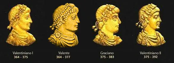 Rostros de los emperadores romanos de la dinastía Valentiniana.