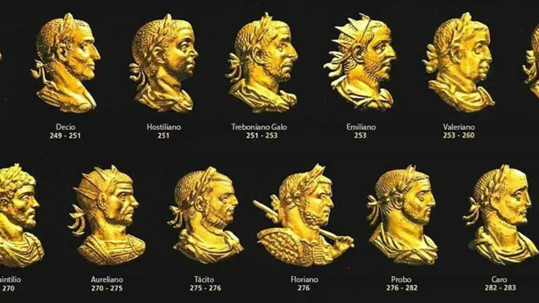 Rostros de los emperadores romanos reflejados en las caras de las monedas.