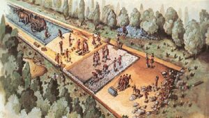 Construcción de un camino romano. Los mismos se medían en medidas de longitud romanas.