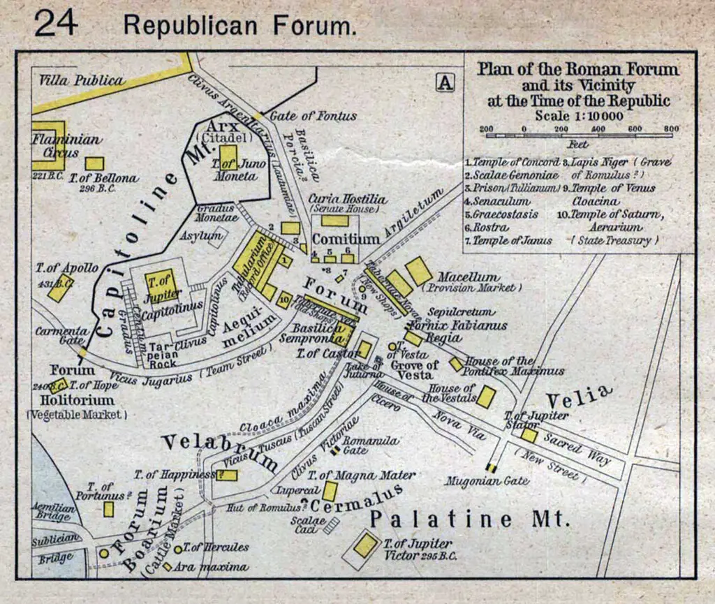 Mapa del foro romano durante la época de la República romana.