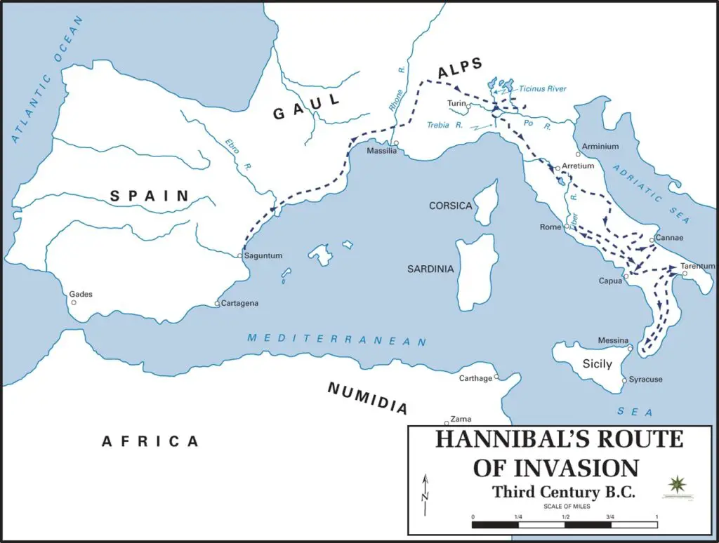Mapa de la ruta de Aníbal por Europa.