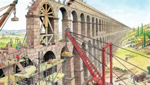 Ilustración de la construcción de un acuaducto. La importancia de las medidas romanas en la ingeniería.