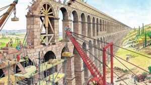 Ilustración de la construcción de un acuaducto. La importancia de las medidas romanas en la ingeniería.