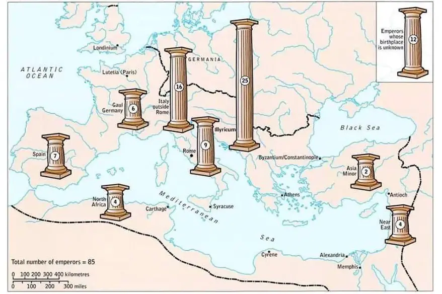 Mapa del origen de los los emperadores romanos.