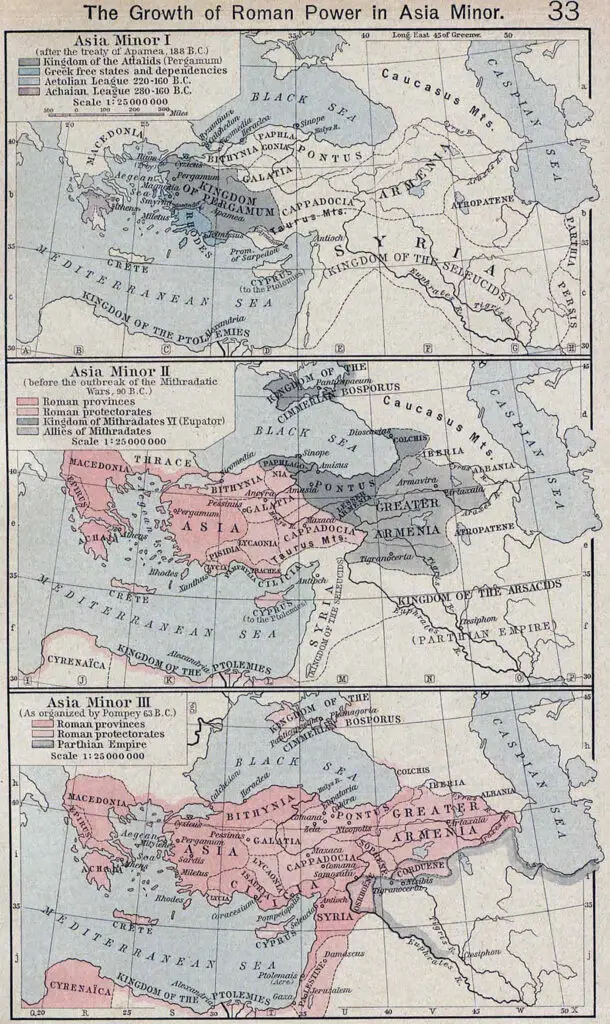 Mapa de la expansión de la República romana en Asia Menor.