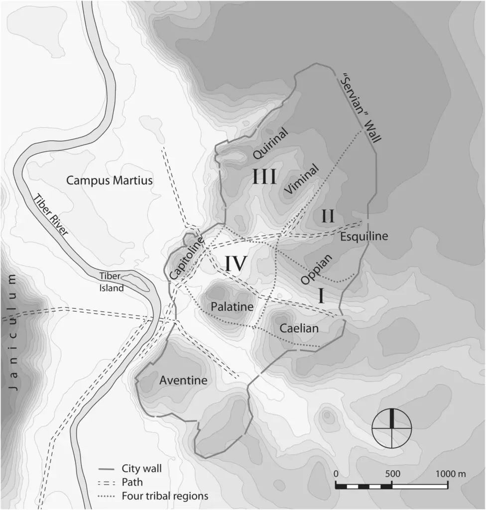 Mapa de las siete colinas de Roma.