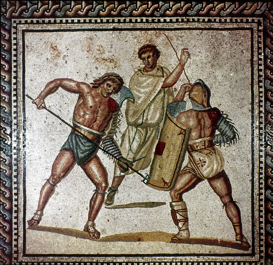 Mosaico romano en el que podemos observar a dos gladiadores en combate.