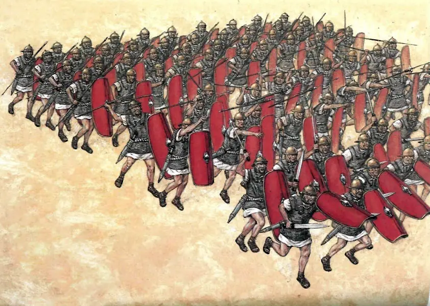 Ilustración de una centuria de 80 hombres de las legiones producto de las reformas de Mario a la carga.