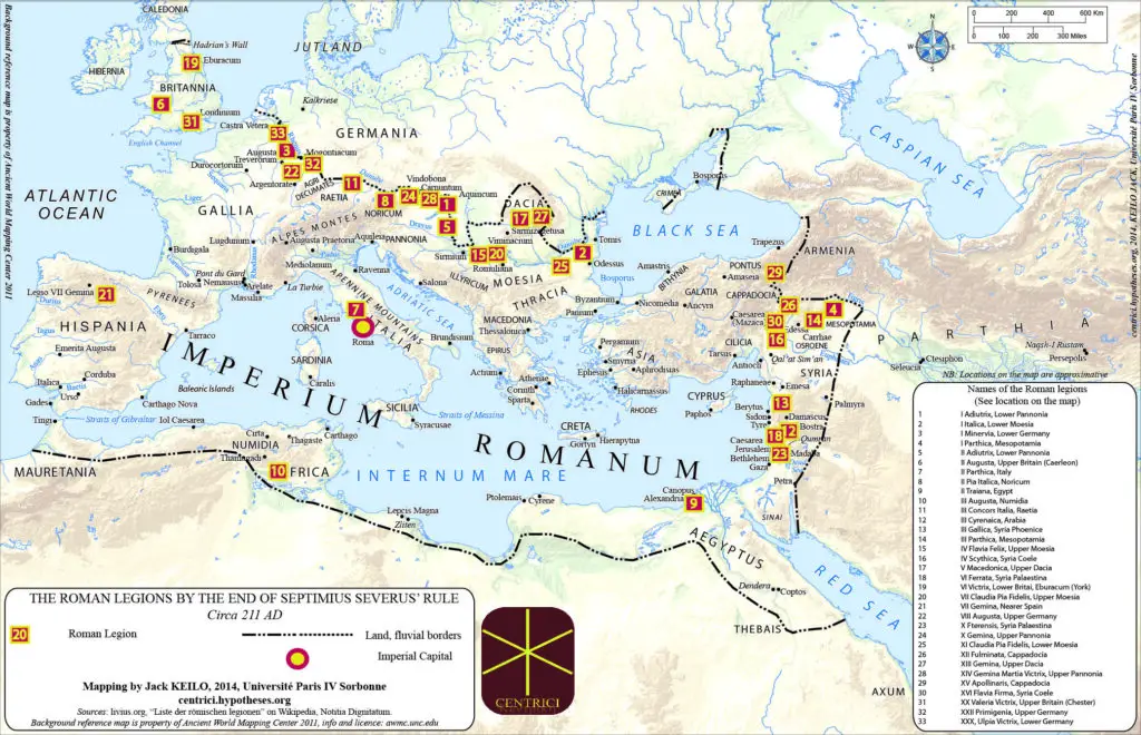 Mapa del despliegue de las legiones romanas fronterizas alrededor del año 212 d. C.