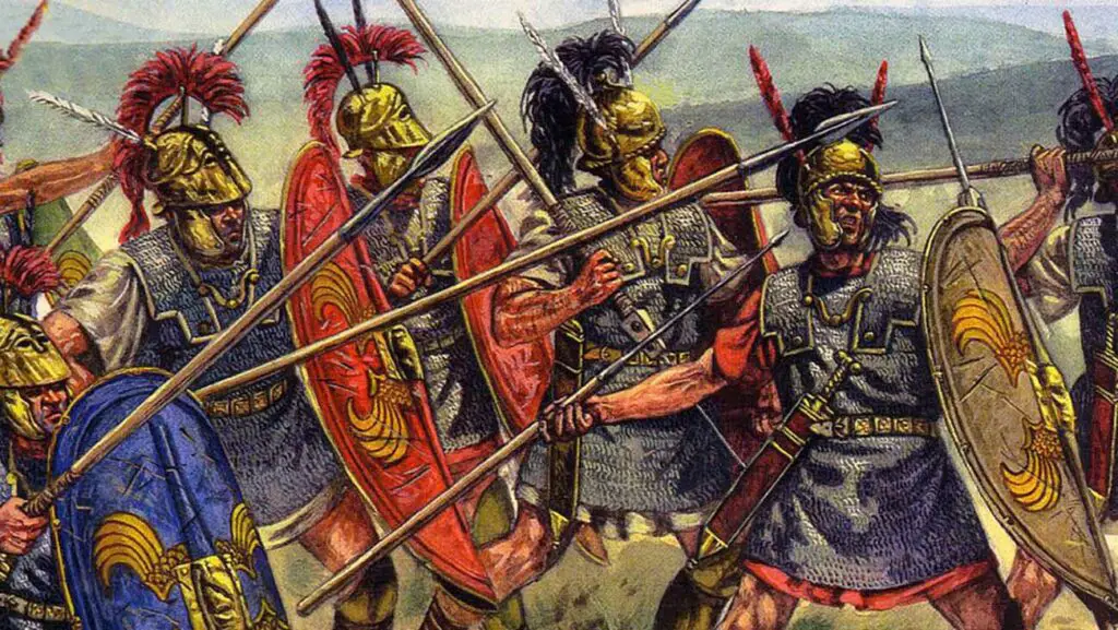 Ilustración de soldados romanos en combate.