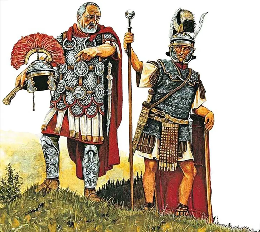 Ilustración de un centurión instruyendo a un optio. Dos oficiales romanos.