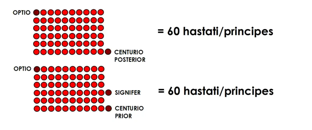 Organización de un manípulo de hastati o principes según Polibio.