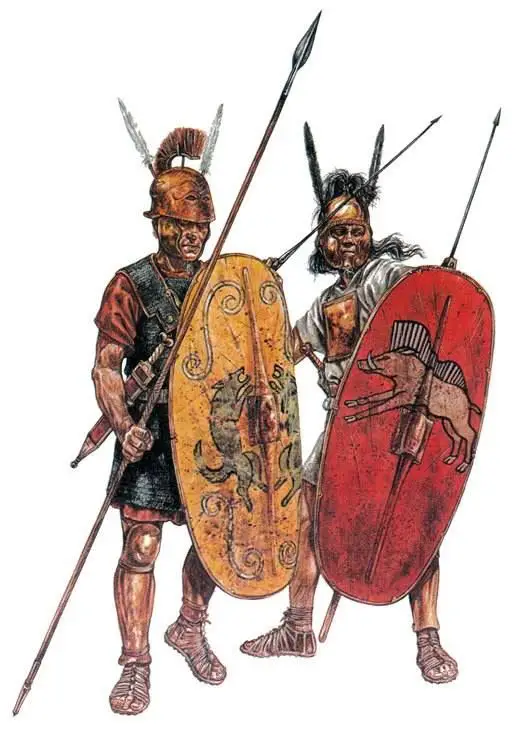 Triarii junto a un Hastati, infantería de la República romana.