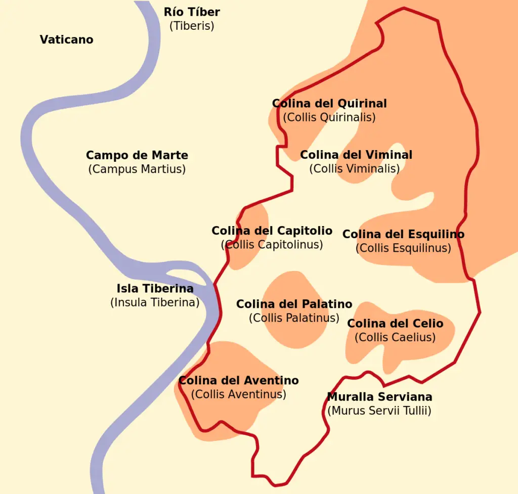 Detalle de las siete colinas de Roma y el área delimitada por las Murallas Servianas.