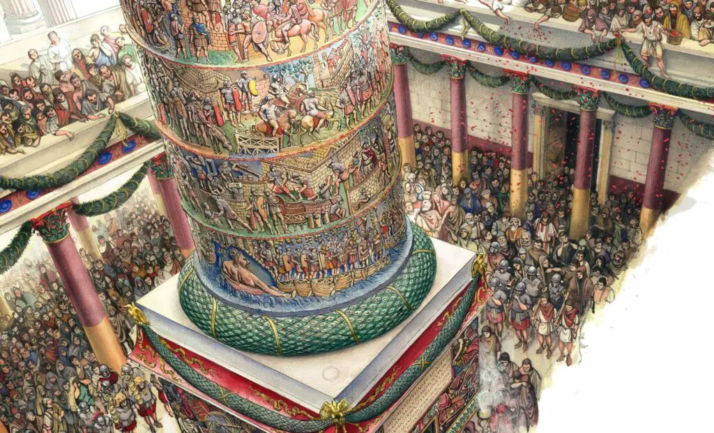 Ilustración de la Columna de Trajano. Podemos apreciar los coloridos relieves de su frisco.
